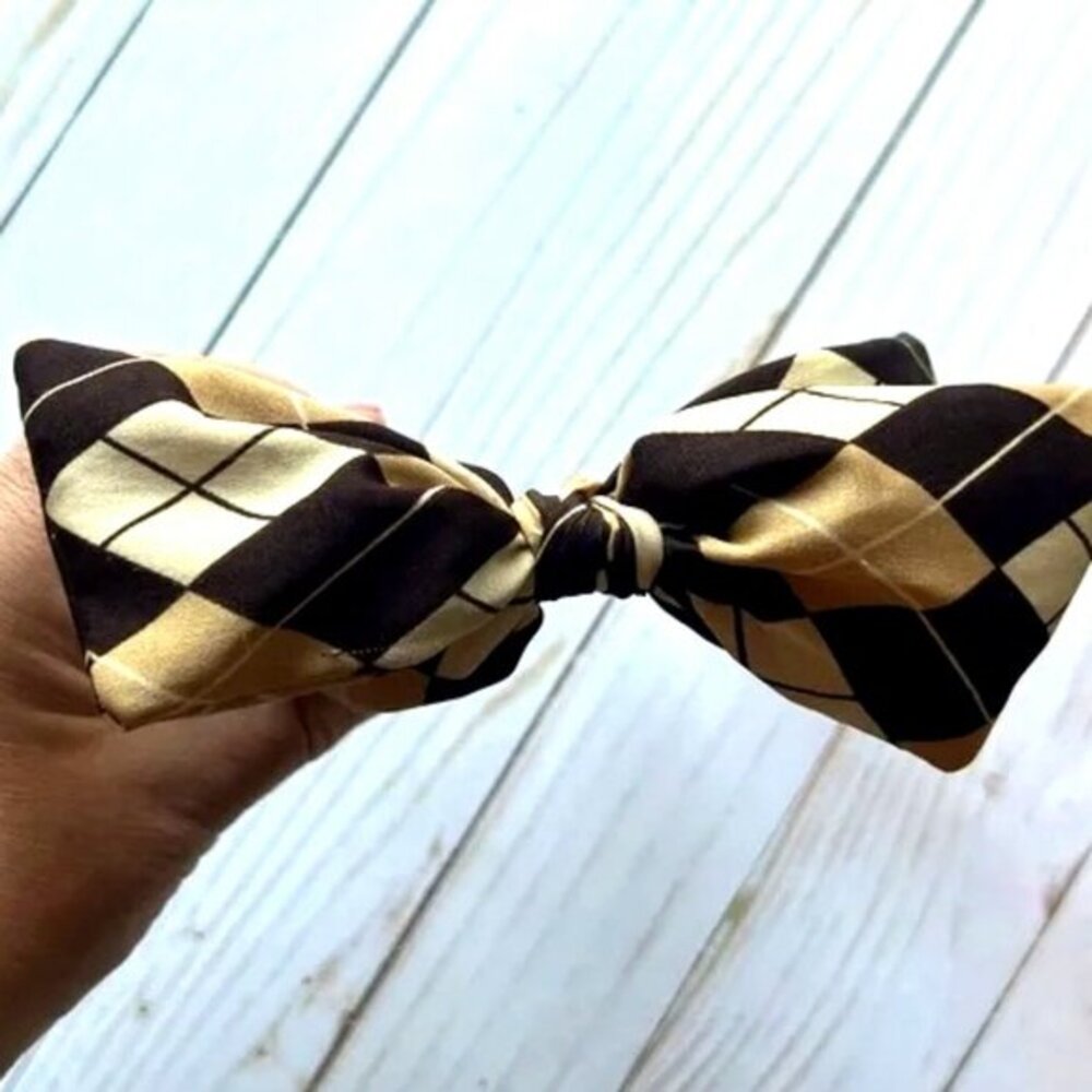 Twee Mod Wired Bow Headband • Vintage Mod Brown Tan Argyle Plaid • Blair Waldorf - Picture 3 of 4